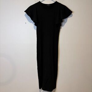 SEN Black Ribbed Stretch Flutter Sleeve Midi Dress Size 1 Basic Simple Capsule